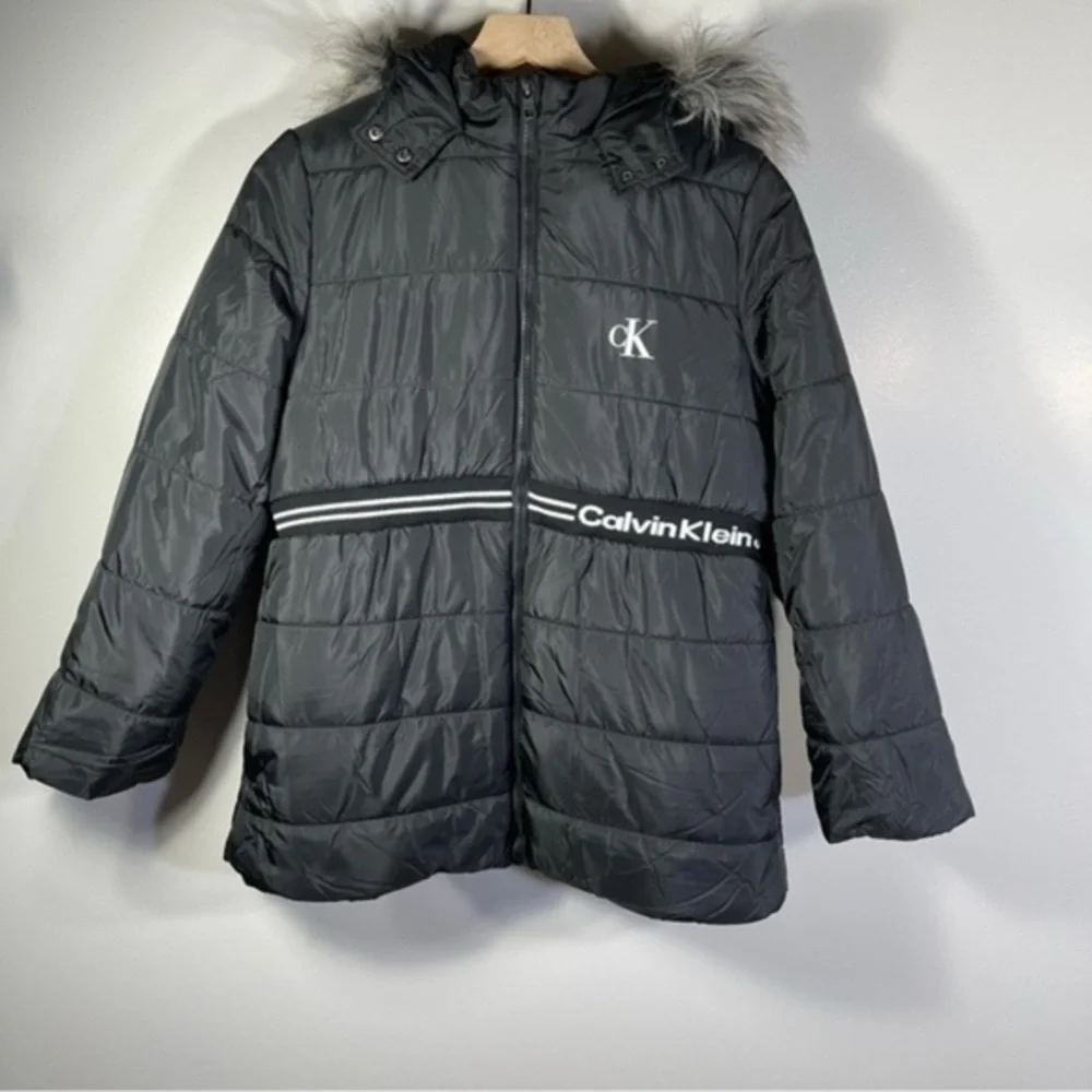 Calvin Klein girl Hooded Black Puffer Jacket With Fleece Lining Down Size XL/16